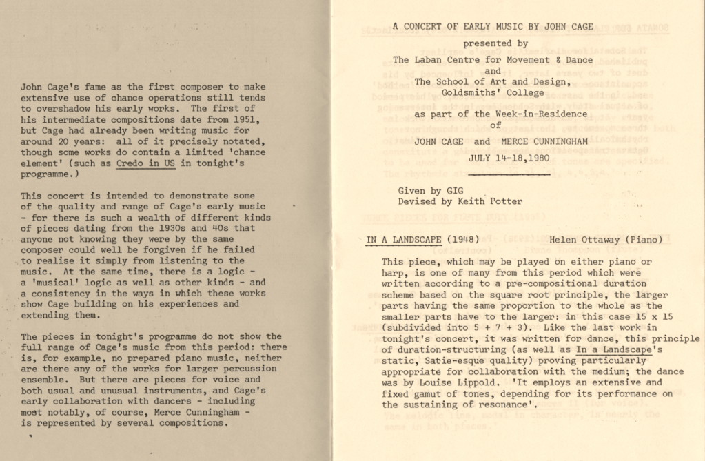 programme for A Concert of Early Music by John Cage, Goldsmiths’ College, 

15 July 1980