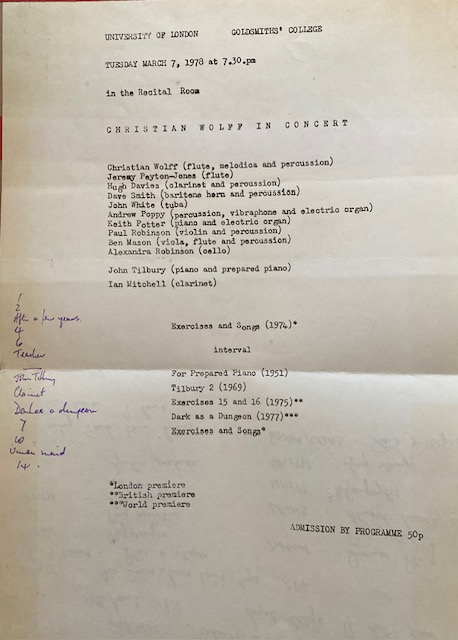 programme for 

Christian Wolff in Concert,

Goldsmiths’ College, 7 March 1978
